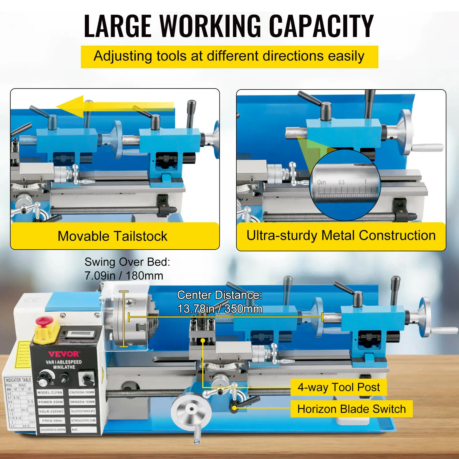 VEVOR Metal Lathe Machine 7x14 Inch 550W 180x350mm Variable Speed with 3 Jaw Chuck for Metalworking Turning Drilling Threading