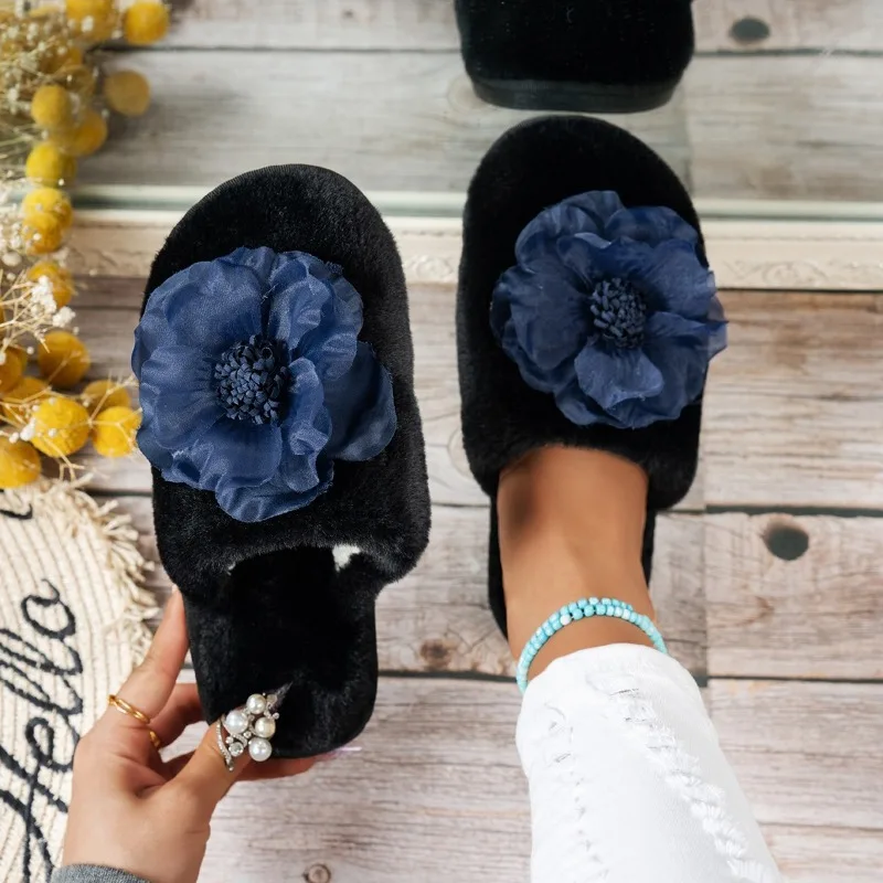 Zapatillas Baotou a la moda para mujer, zapatos planos antideslizantes y resistentes al desgaste con flores de ante y cabeza redonda para invierno