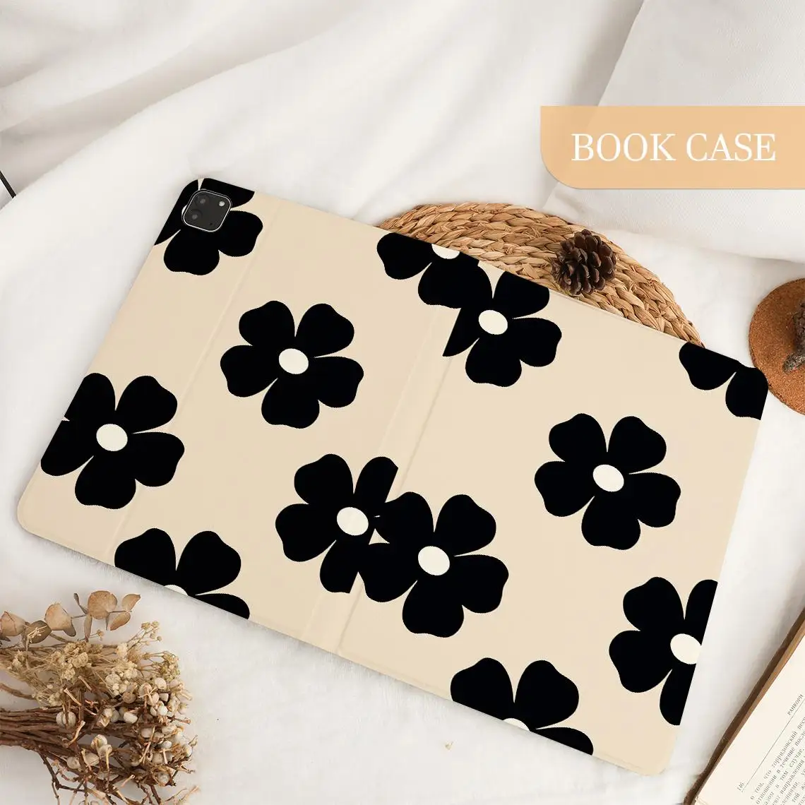 حافظة iPad بسيطة على شكل زهرة سوداء لهاتف Apple iPad 9.7 بوصة 10.2 بوصة 10.5 بوصة 11 بوصة iPad Air 6 5 4 iPad Mini 7/6/5 iPad Pro 2022 2021