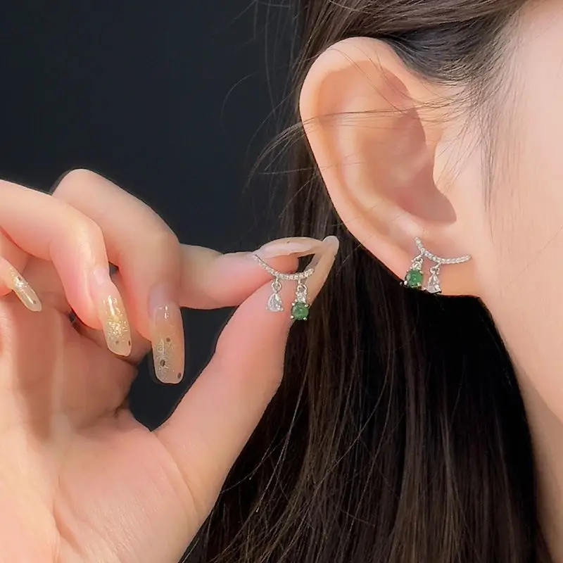 Chique 925 zilveren natuurlijke jade Uniek wimpervormig ontwerp Hangers Oorbellen Fonkelende stenen Opvallende luxe damessieraden