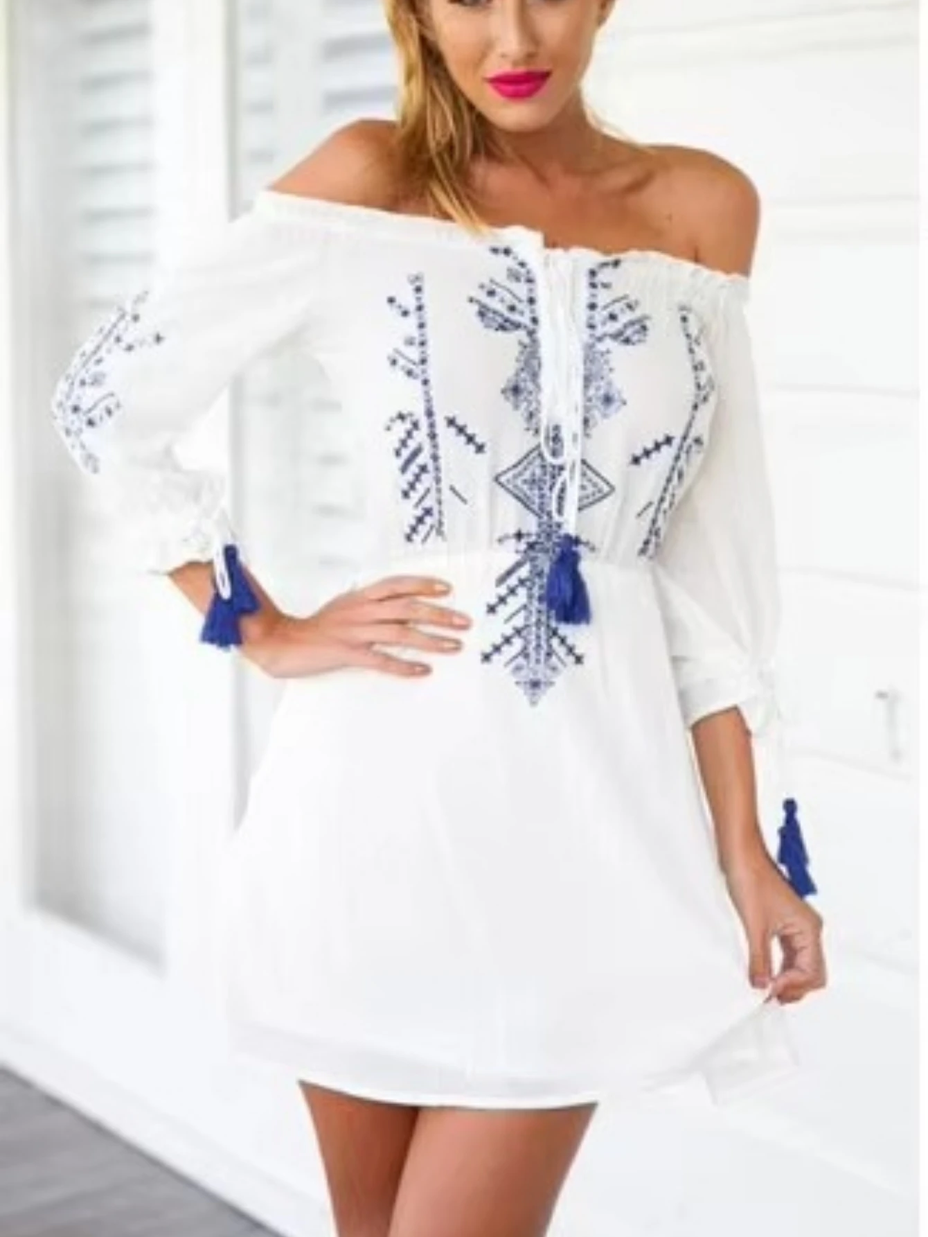 Fashion Women Boho Off Shoulder Jumpsuit Blue Ethnic Embroidery Tassel Tie 3/4 Sleeve Elastic Waist Casual Beach Short Romper