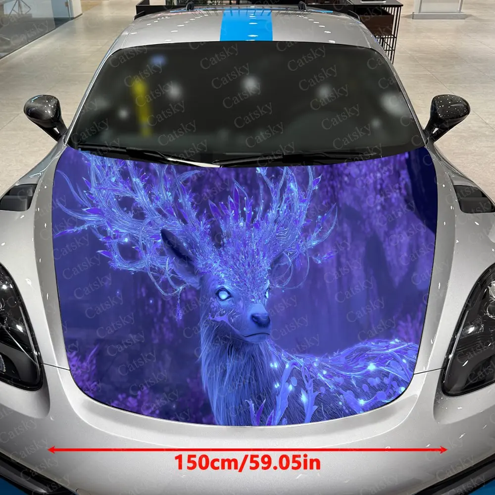 Streaming-Light Secret-Antlered Deer Car Vinyl Wrap, PVC Waterproof Car Hood Sticker, Self-Adhesive Scratch-Resistant Stickers