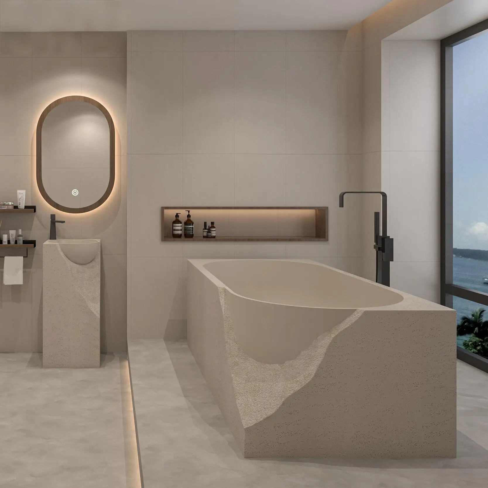 Modern Freestanding Soaking Tub - Handmade Artistic Cave Stone Bathtub for Luxury Airbnb & Minimalist Villa Bathroom