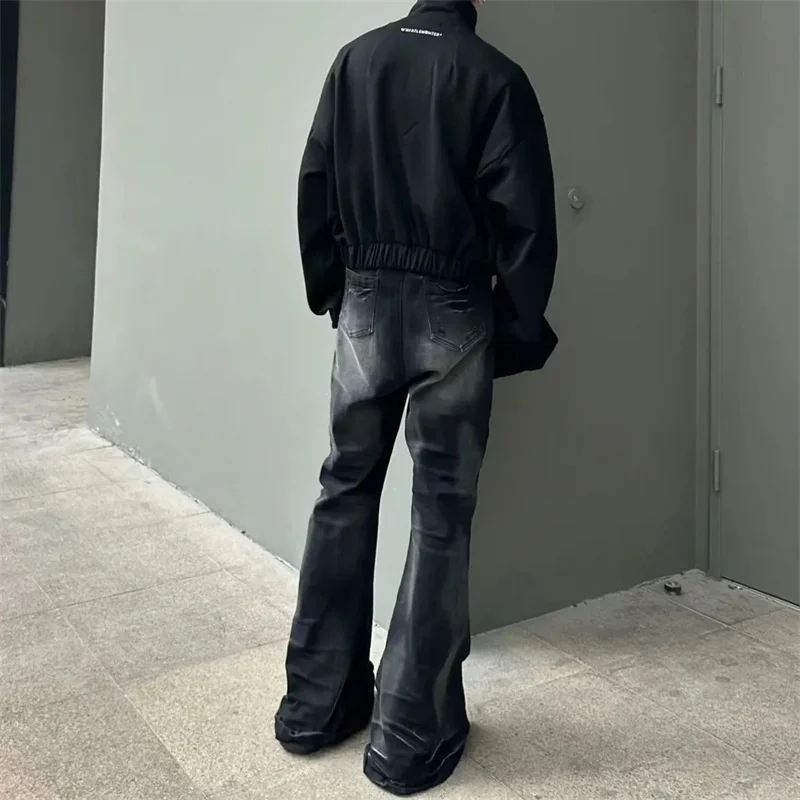 アメリカンスタイル ハイストリート ウォッシャブル ダメージ加工 パイルアップ ゴム入り マイクロフレア ジーンズ 2025 春秋 メンズ カジュアル ロングパンツ