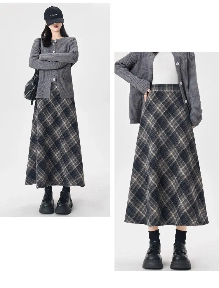 American Style Plaid Midi Skirt Women's Full A- Line Skirts plus Size High Waist Slimming Long Skirts Trendy Spring Autumn
