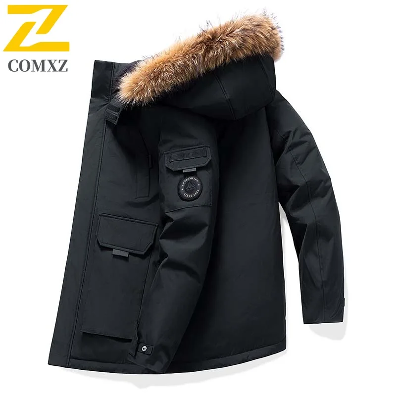 COMXZ National Standard Men Down Jacket Winter Original High Quality 90% White Duck Down Mid Length Detachable Fur Collar Coat