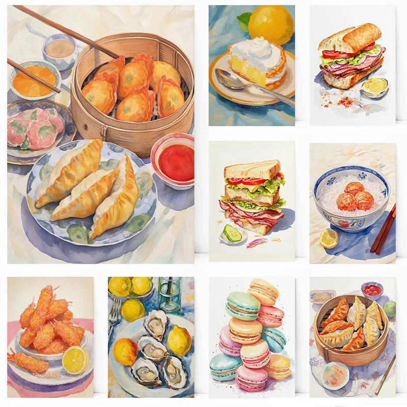 Soup Food Watercolor Hamburg Cheese Gyozas Donuts Sandwich Pie Poster Wall Art Pictures Canvas Painting Room kitchen Home Decor