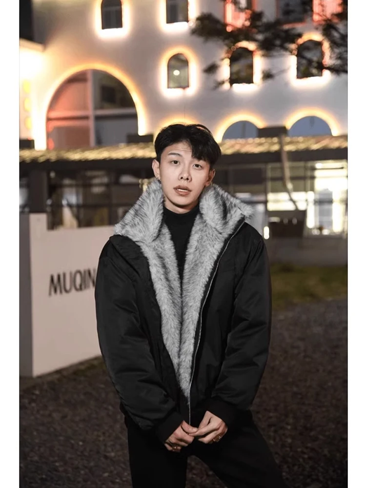 

Men's Thiened Winter Jaet Cotton Coat with Fur Collar ort Deconstructed Design Warmth Youth Trend Loose Fit Pure Color