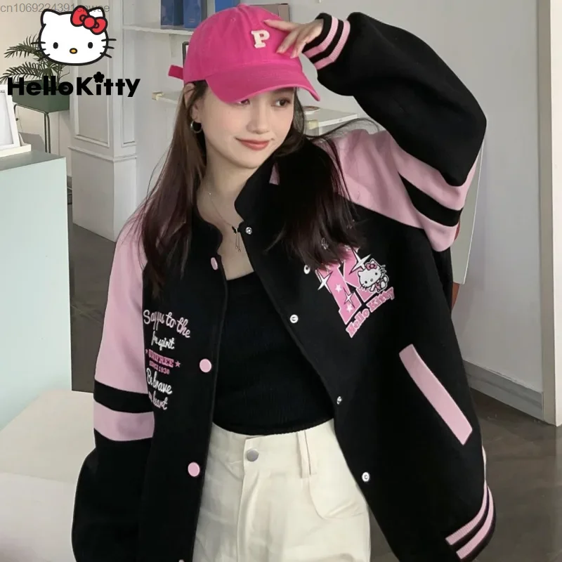 Sanrio Hello Kitty Bomber Coat Y2k ragazze autunno inverno Cute Anime Cartoon ricamato giacca da Baseball Hip Hop Streetwear donna