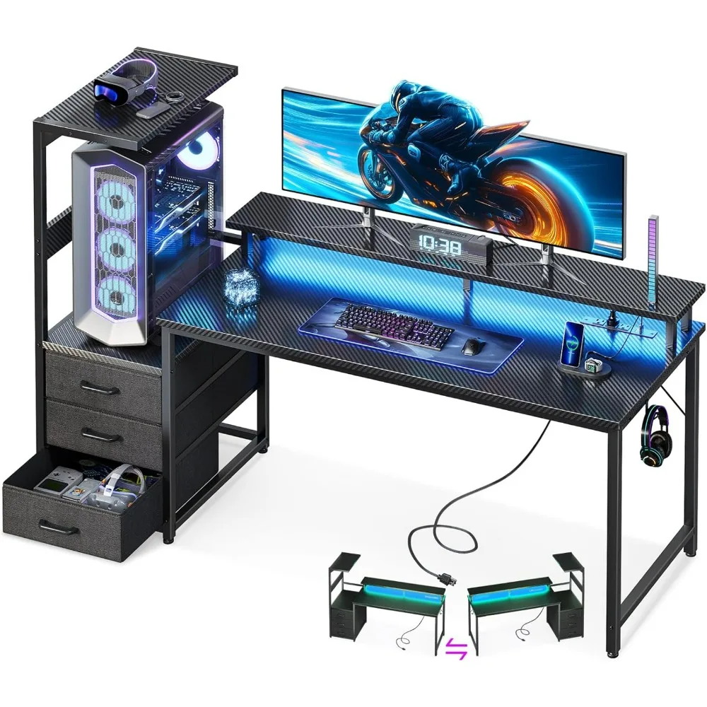 Casaottima 59 Inch Gaming Desk with USB Charging Ports LED Light Reversible 3 Fabric Drawers Monitor Stand CPU Stand Side Hook