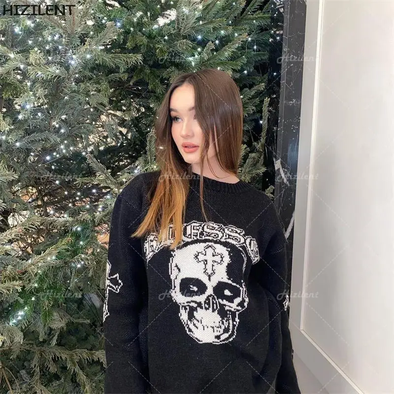 

Hip Hop Knitwear Mens Women's Sweaters 2022 Harajuku Fashion Skull Male Loose Tops Casual Streetwear Pullover Sweaters Y2K emo