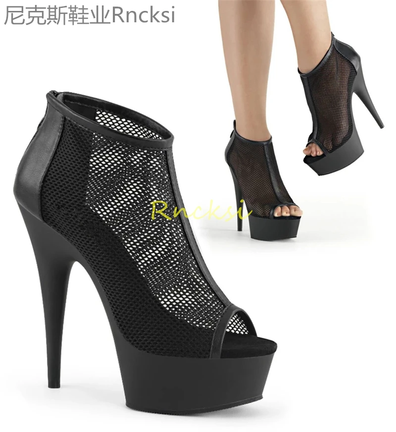 15cm New fashion fishmouth shoes with stiletto heels and black waterproof platform mesh