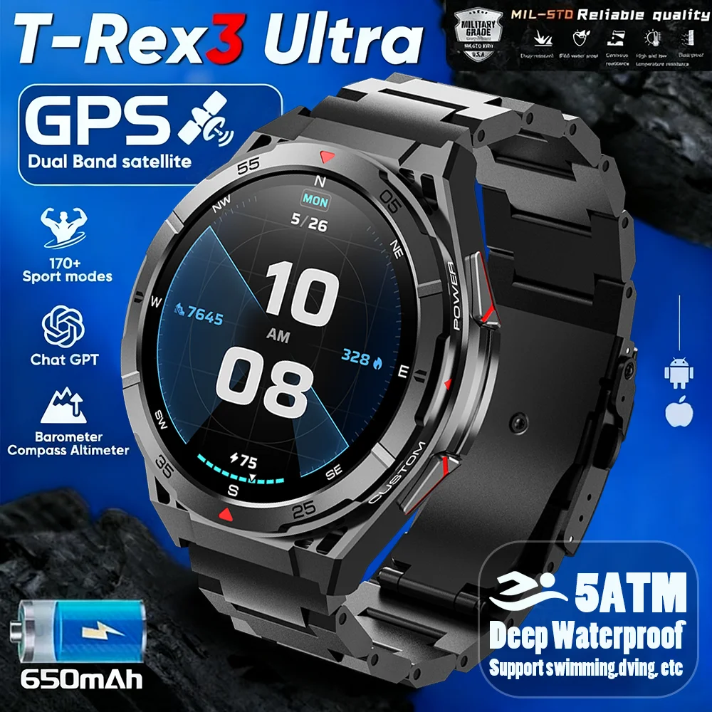 

2025 Новые двухдиапазонные спутниковые GPS SmartWatch для мужчин 1,43-дюймовый AMOLED-экран IP69 10 АТМ Водонепроницаемый компас Сердечный ритм BT Call Smartwatch