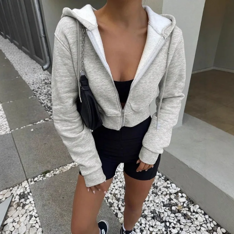 Women's Long Sleeve Hooded Zipper Cardigan Cropped Sweatshirt Casual Versatile Apparel European and American  Hoodies Women