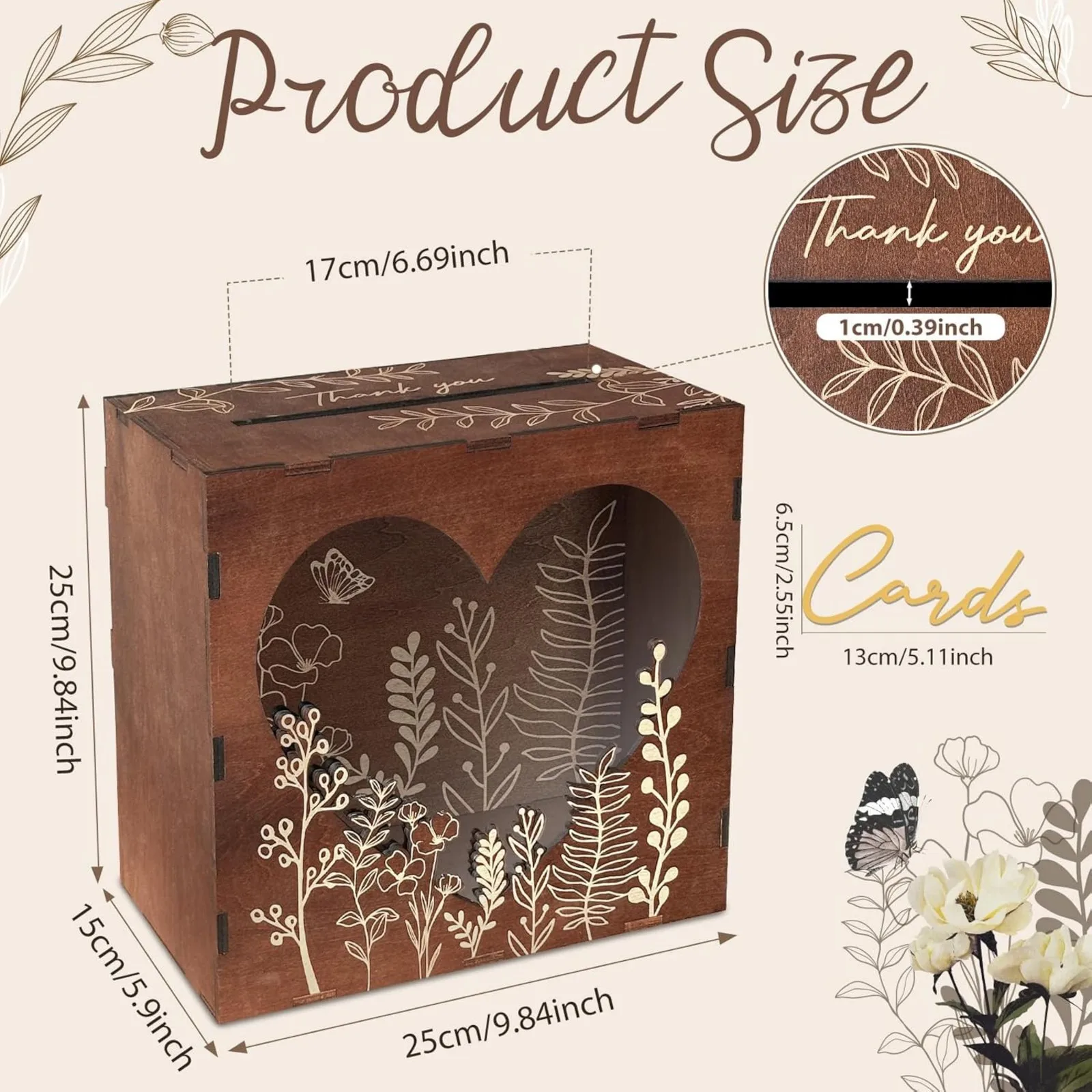 Brown Wedding Card Box for Reception, Card Holder with Heart  Window Wooden Gift Card Box for Wedding, Flower Pattern Vintage Card Box for Graduation Birthday Party Anniversary Shower, Wedding Gifts, Floral Motif Design, Celebration Card Display, Classic