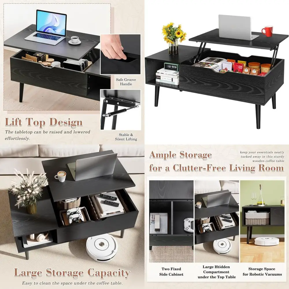 

Black Hidden Compartment Coffee Table with Lift Top and Storage Shelf for Home & Office