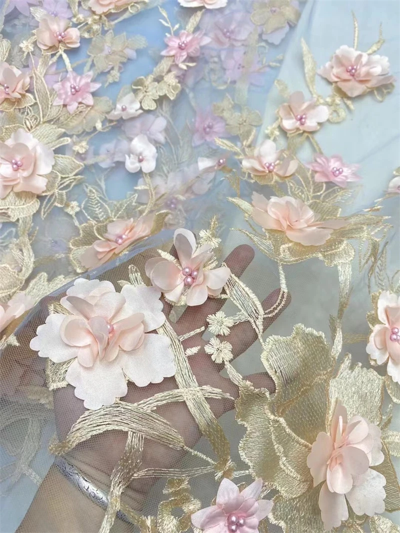 2024 Luxury 3D Beaded Tulle Lace Fabric, Embroidered Flower, Nigerian Fabric for Sewing, 5 Yards, Dubai,X380085