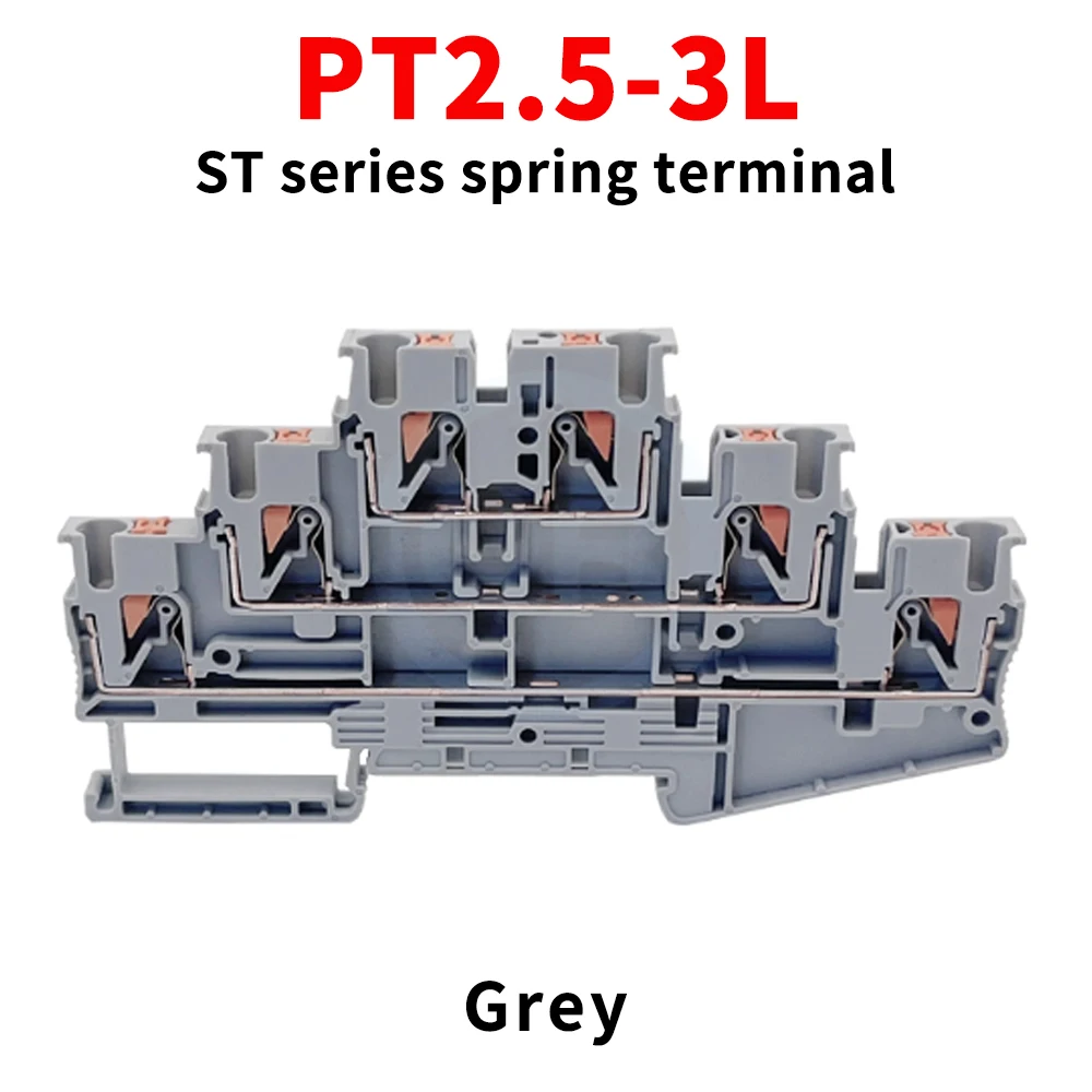(10 pcs) PT2.5-3L Pure Copper Three-Layer Spring Terminal Block 2.5mm² Rail-Mounted Quick-Connect Terminal Block PT2.5