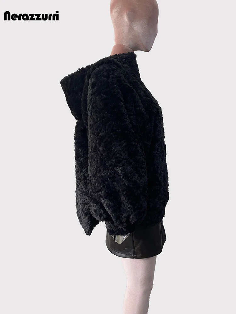 Lautaro autunno inverno carino dolce caldo spesso morbido nero corto cappotto di pelliccia sintetica donna con lunghe orecchie da coniglio Fuzzy Fluffy Jacket felpa con cappuccio