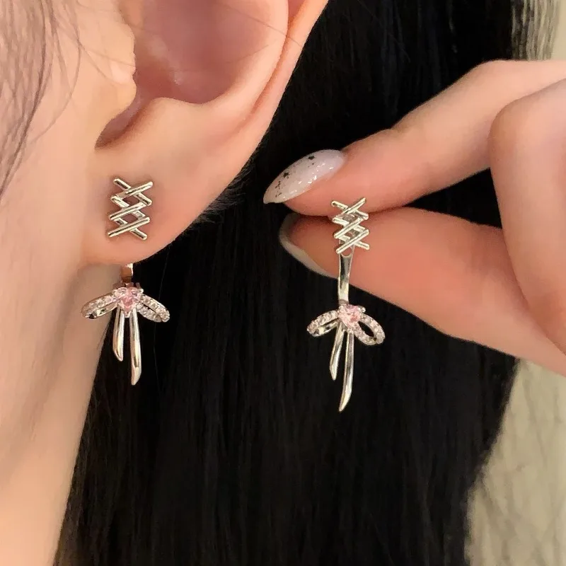 Balletcore Pink Heart Zircon Bow Drop Cartilage Earrings Stainless Steel Crisscross Helix Stud Niche Design Fashion Jewelry