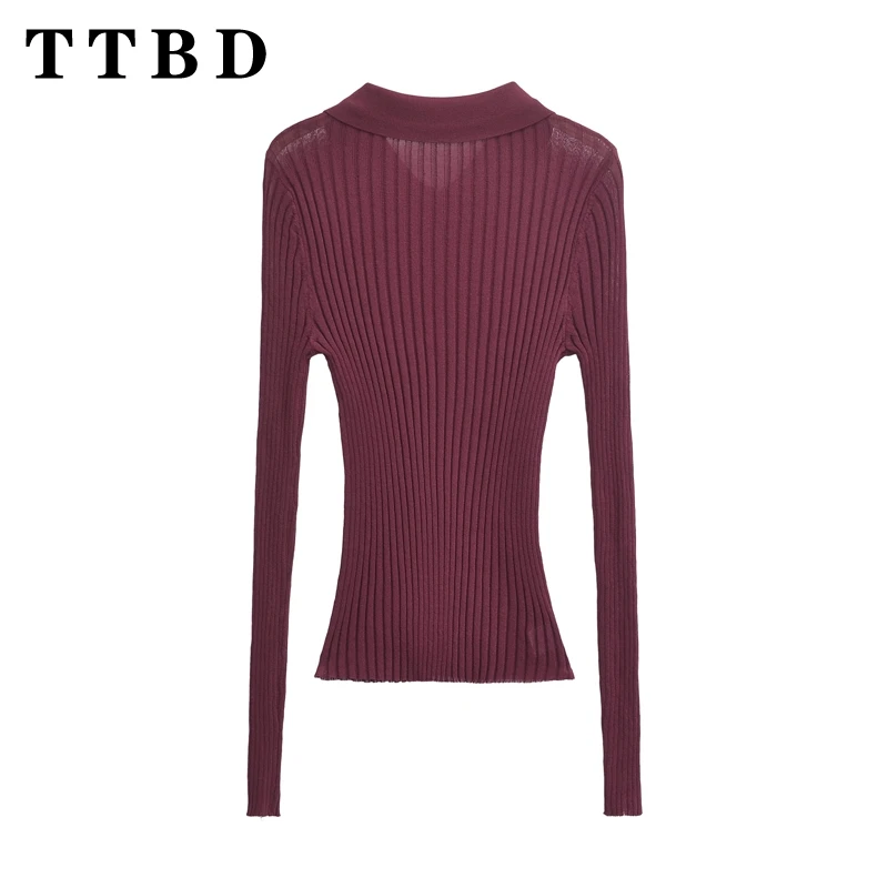 TTBD 2024 Nieuwe Vrouw Herfst Casual Gebreide Turn-down Kraag Trui Vrouwelijke Vintage Lange Mouw Jumper Slanke Effen kleur Gebreide Top