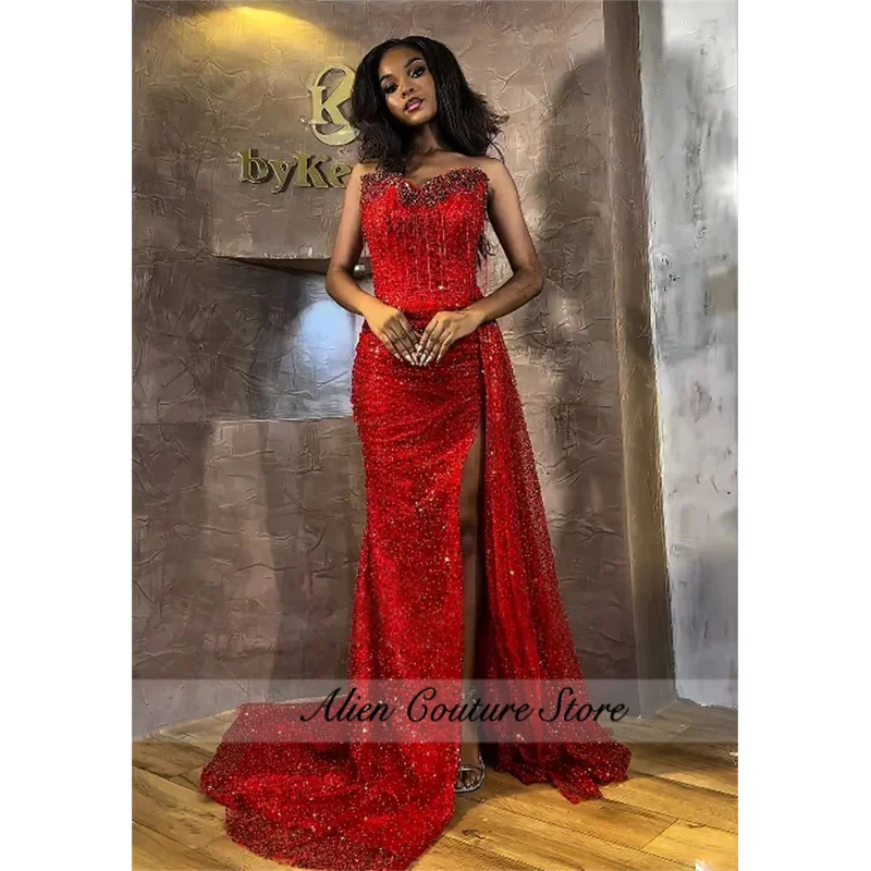

Red Long Prom Dresses For Black Girls Sweetheart Beaded Slit American African Evening Gowns Birthday Party Robe Customized