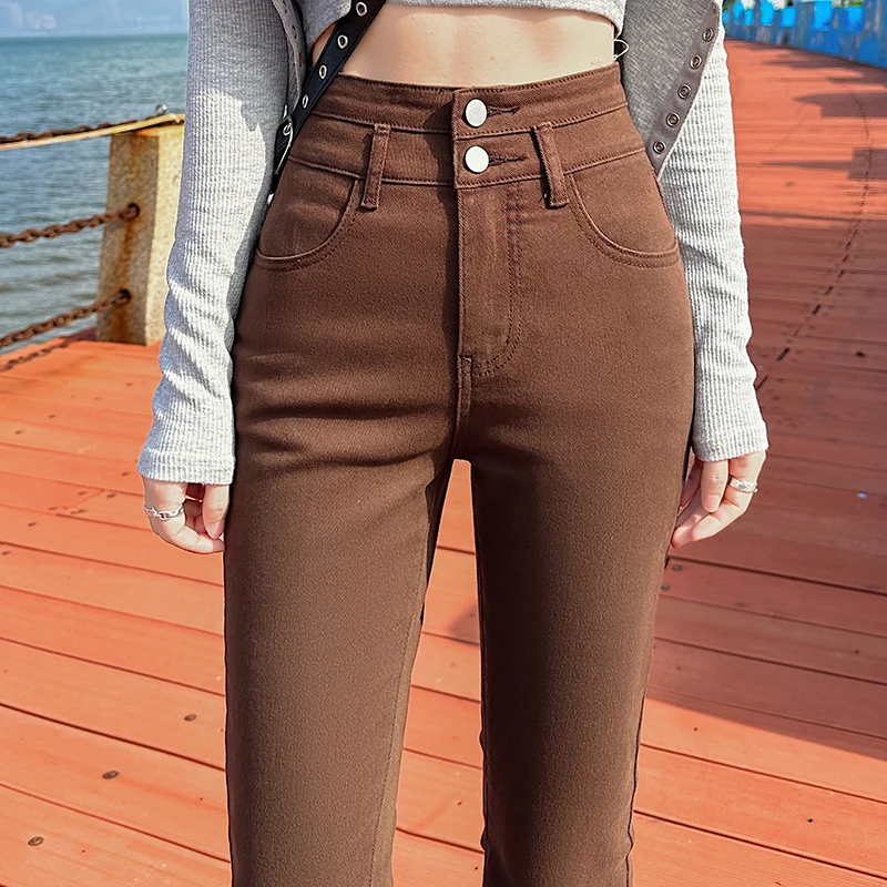 Denim Jeans For Women New Thin Material High Elasticity Trendy Coffee Classic Pants High Waist Double Button Trouser Ladies