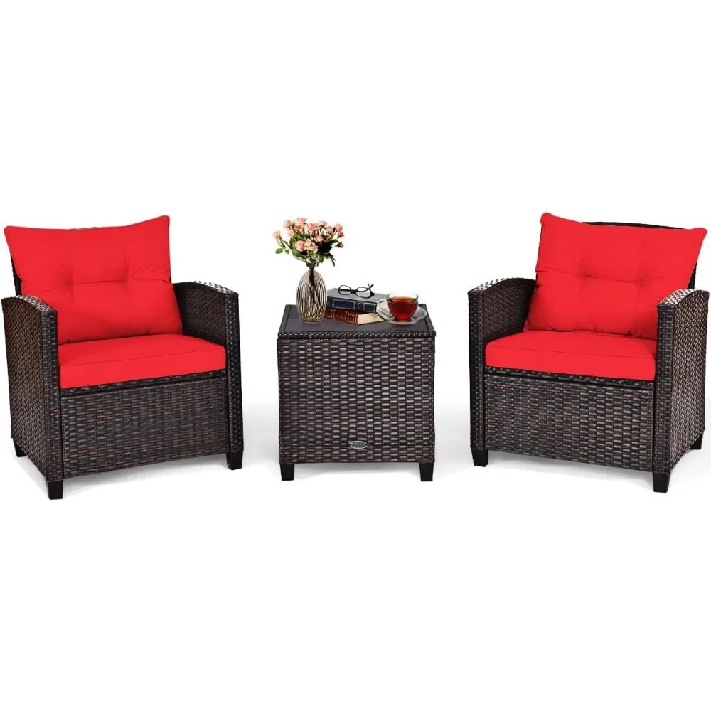 3 Pieces Patio Furniture Set PE Rattan Wicker 3 Pcs Outdoor Sofa Set W/Washable Cushion and Tempered Glass Tabletop Garden Sets