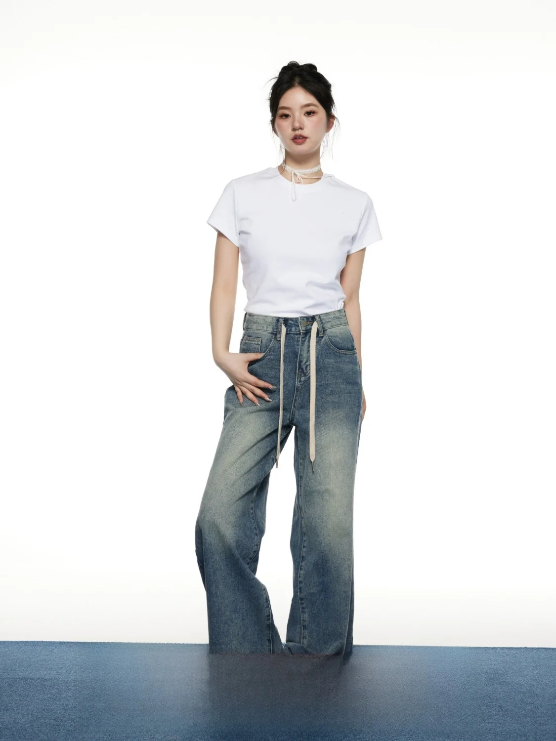 

Peasluna Vintage Washed Wide Leg Jeans Lazy Style Drawstring Casual High Waist Long Pants Loose Fit Denim Trousers for Women