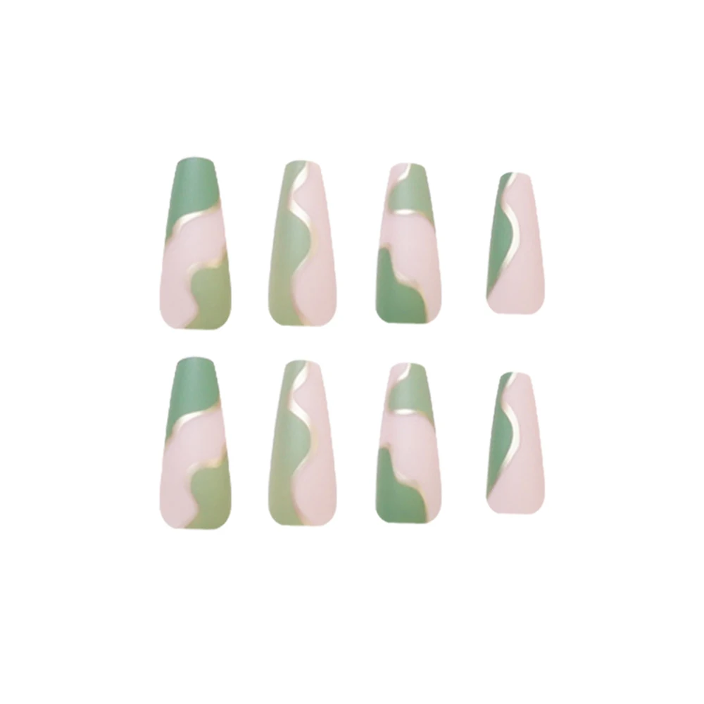 

JP1437 QTCJ 24Pcs Pink green color blocked gold lines Wearable Nail Art Nail With Glue Patch Waterproof And Removable