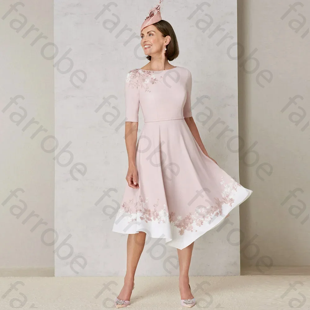 

Customized Hot Pink Mother Of The Bride Dresses Applique Half Sleeves Wedding Guest Gowns Tea Length Elagant Dress Women For Par