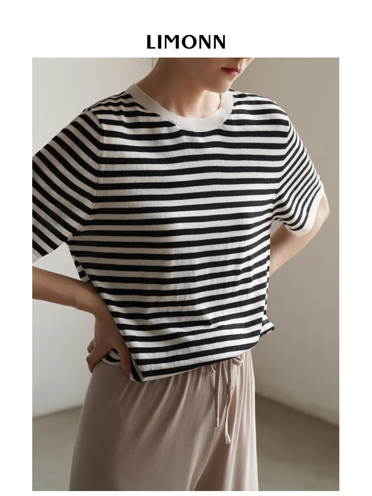 

LIMONN Women's round Ne Striped ort Sve T-irt Casual Thin Summer Top Versatile Comfortable Cotton Basic Tee