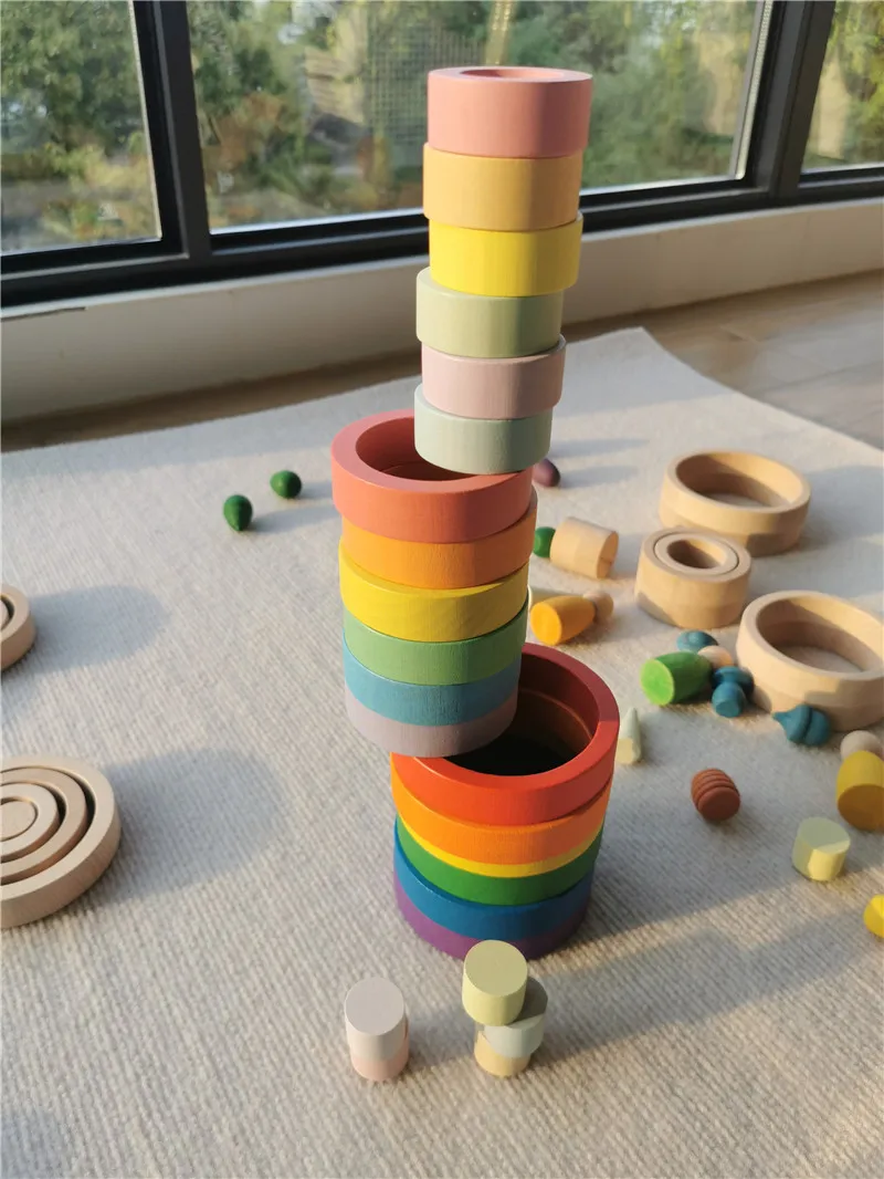 Kids Rainbow Wooden Nest Rings Unpaint Beech Stacking Blocks Creative Loose Parts Montessori Toys