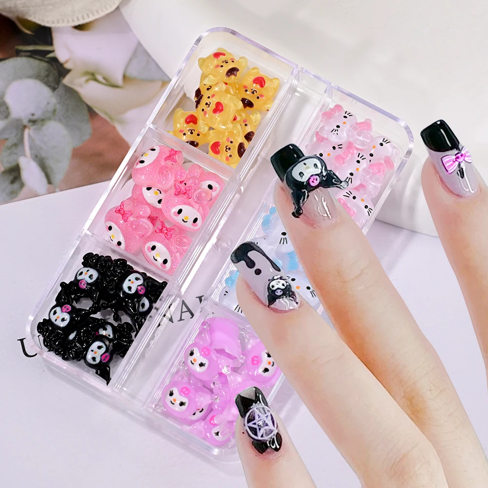 48 pçs 6 grades misturadas kuromi/hellokitty/melody encantos da arte do prego kawaii resina flatback kt decoração do prego diy personagem dos desenhos animados jóia do prego