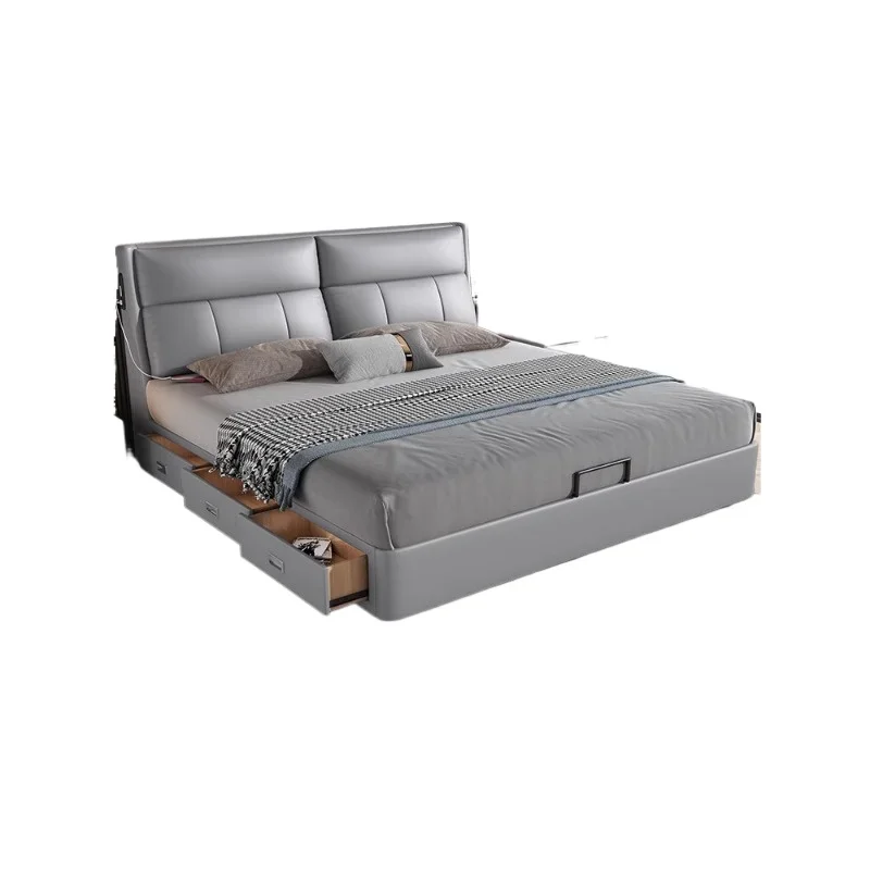 

Genuine leather bed, modern and minimalist master bedroom double bed, king bed, multifunctional storage