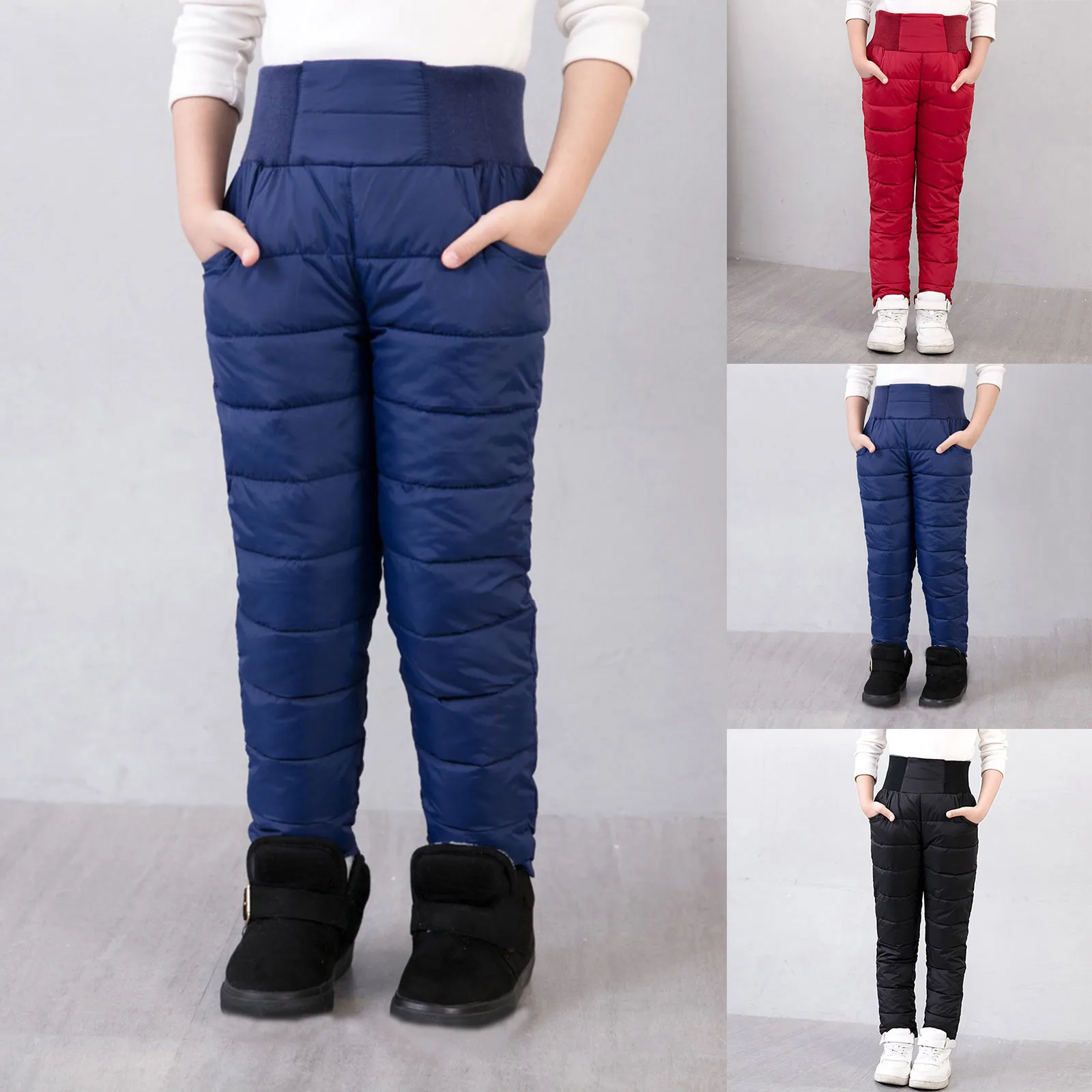 Boys and Girls Winter Clothes High Waist Cotton Padded Thick Warm Trousers Kids Waterproof Ski Pants 2-12 Years