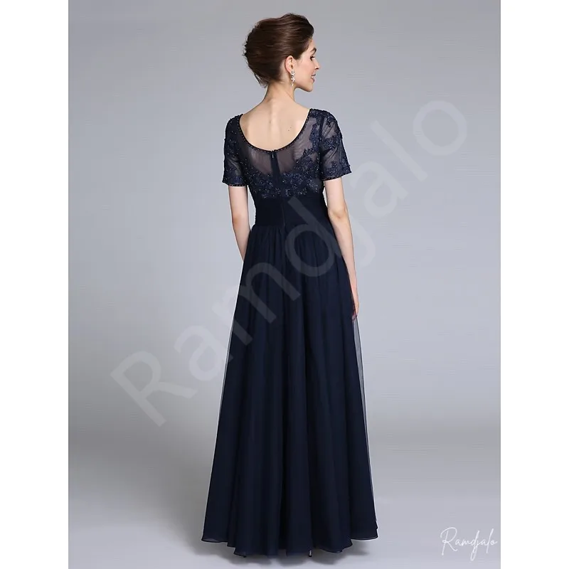 Customized Long Mother Of The Bride Groom Dresses for Weddings Deep Navy Chiffon A-Line Beaded Waist Sheer Neck Short Sleeves