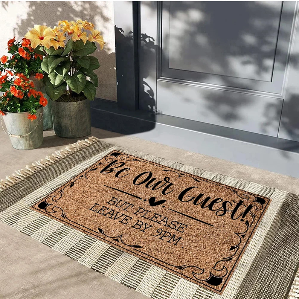 Funny Welcome Mats for Front Door, Rubber Outdoor Entry Doormat, Home Decor,Be Our Guest But Please Leave by 9 Pm