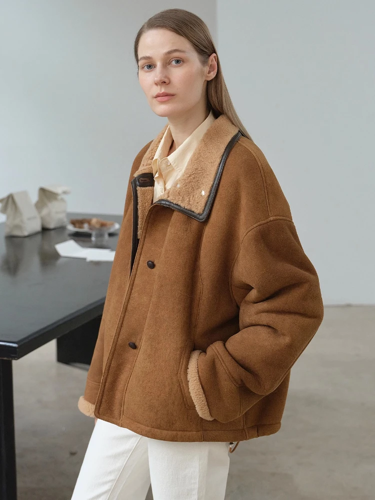 High-end Luxury Merinoแกะขนสัตว์ฤดูหนาวSuedeแจ็คเก็ตผู้หญิง 2025 ใหม่VINTAGEสั้นของแท้หนังReal Lamb FUR Coat