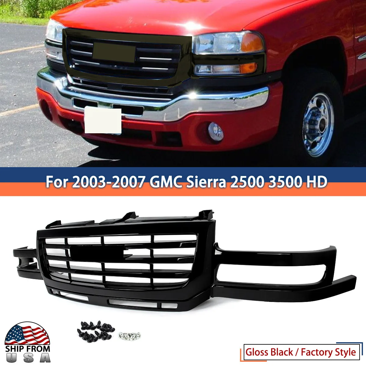 Glossy Black Front Grille Replace For GMC Sierra 1500 2003-2007 Front Bumper Racing Grill Upper Grille Air Inlet Mesh Grills