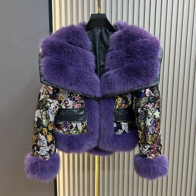 Zimowy, modny płaszcz z wełny i bawełny, imitacja futra lisa, gruby, ocieplany, z cekinami, stylowy, młodzieżowy, krótki płaszczyk ze sztucznego futra dla kobiet.