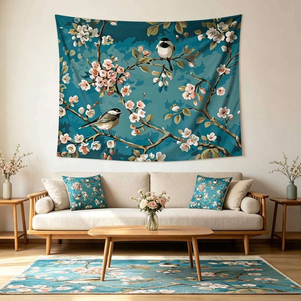 1PC Bird Flower Oil Painting Art Print Backdrop Banner, Bedroom Living Room Photo Background, Polyester, Home Decor, Wall Art