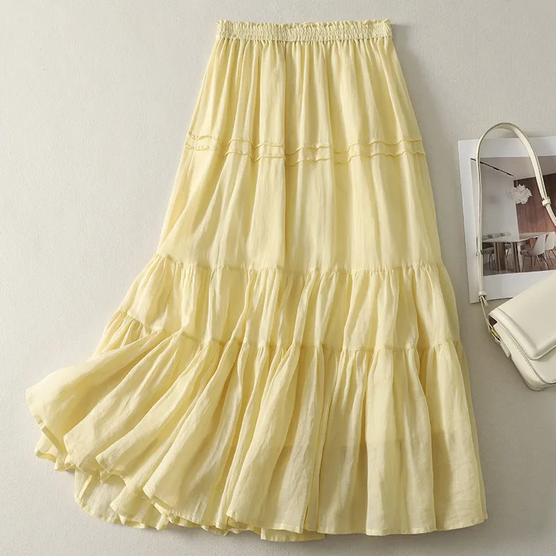 Women's Yellow Tiered Ruffle Maxi Skirt Elastic High Waist Lightweight Cotton Linen Skirt With Lining French Pastoralis Outfits