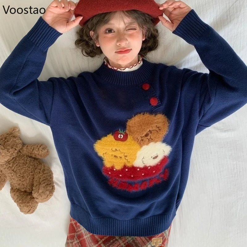 캐주얼 스위트 로리타 스타일 스웨터 가을 여성 카와이 만화 강아지 자수 니트 풀오버 여성 귀여운 루즈 니트웨어 탑