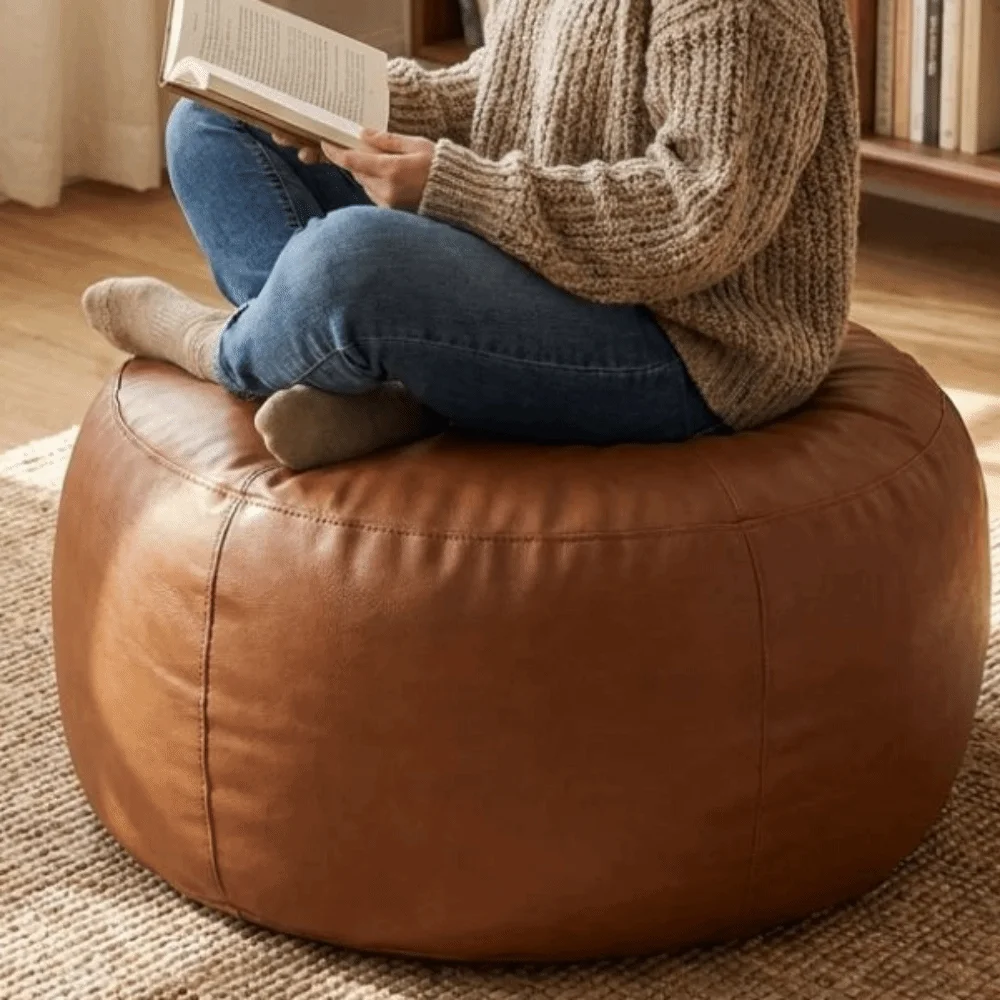 PU Leather Seat Cushion Cover Large Capacity Minimalist Pouf Cover Waterproof Round Ottoman Seat Cover Indoor Use