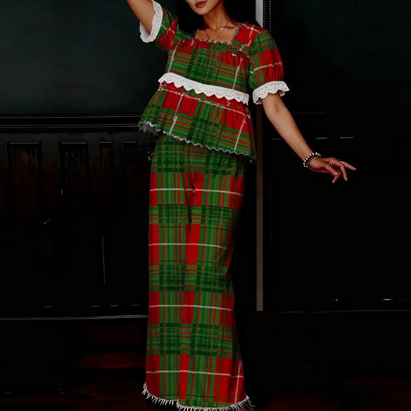 

Christmas Pajamas Suit Women Lace Trim Ruffle Plaid Pj Short Sleeve Babydoll Tops + Pants Vintage Gingham 2 Piece Lounge Sets