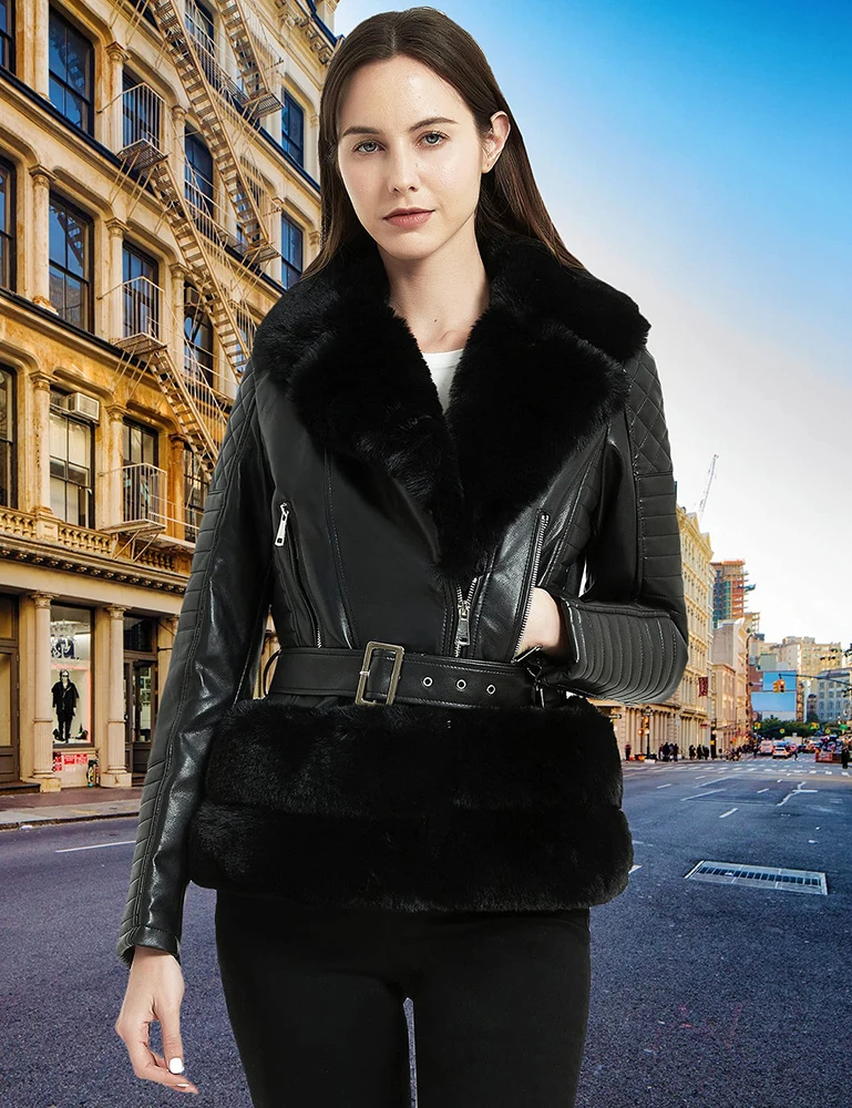 Giolshon New Spring Winter Women Jacket Thick Warm Faux Suede Coat With Belt Faux Fur Collar PU Leather Jackets Outwear