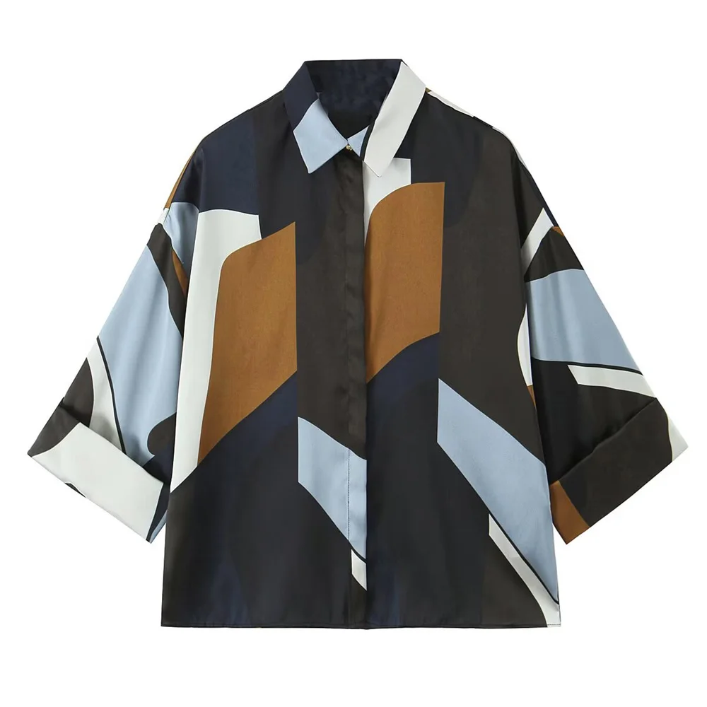 

UNIZERA Women's Silk Texture Printed Shirt with Collar Button Decoration Spring/Summer New Women's Top