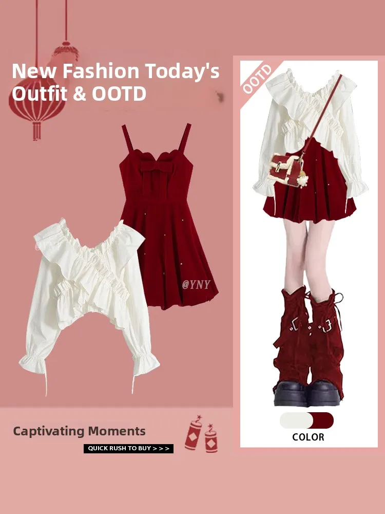 

Spring Women's Red Strap Dr New Year's Outfit Ele Design ort Top Two-Piece Set V-Ne Long Sve Polyester Fiber