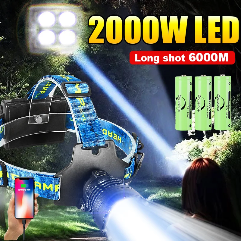 

2000W Ultra Powerful LED Headlight IPX6 Waterproof Headlamp Outdoor Work Head Lantern 18650 Head Lamp For Camping Hiking Light
